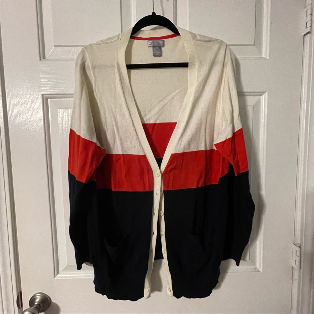 Cream, coral and navy sweater